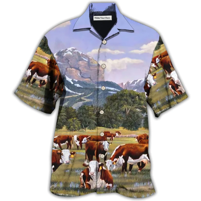 Cow Hereford Beautiful Landscape Hawaiian Shirt Design View For Resort Travel And Thoughtful Gifting