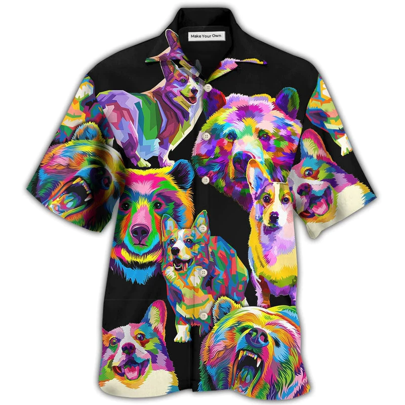Corgi Dog Dogs Bears Hawaiian Shirt Pattern View For Relaxed Warm Weather Outfits