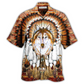 Bohemian Wolf American Feather Headdress Hawaiian Shirt For Vacation Days And Relaxed Coastal Outings