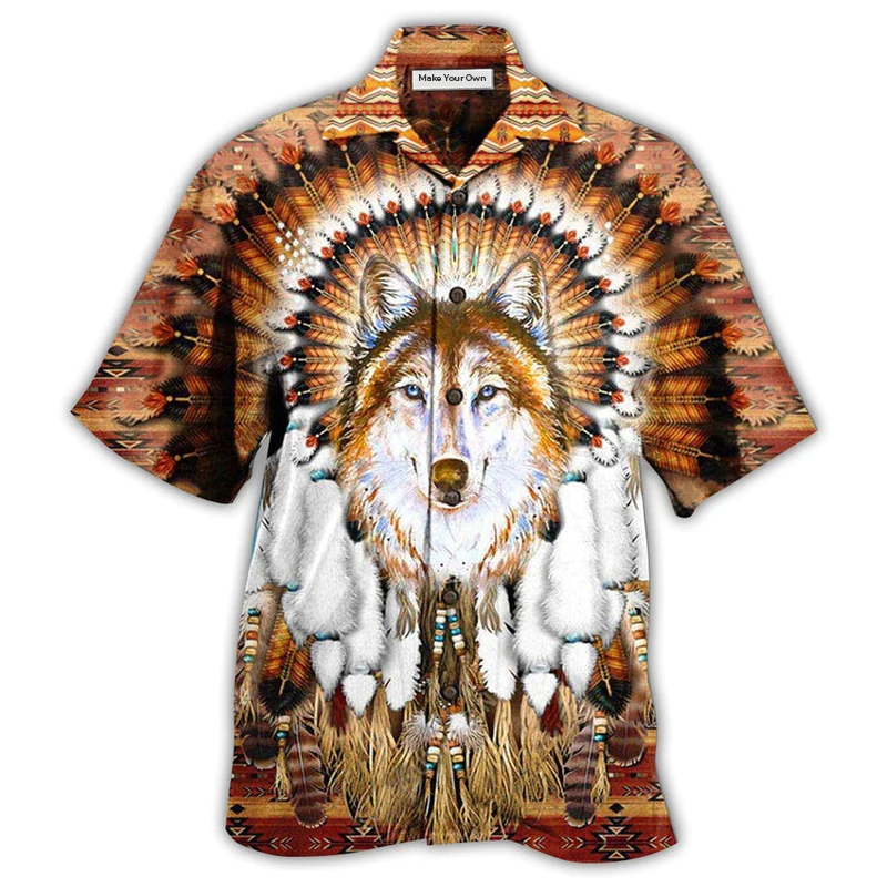 Bohemian Wolf American Feather Headdress Hawaiian Shirt For Vacation Days And Relaxed Coastal Outings
