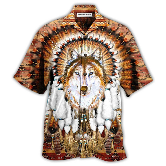 Bohemian Wolf American Feather Headdress Hawaiian Shirt For Vacation Days And Relaxed Coastal Outings