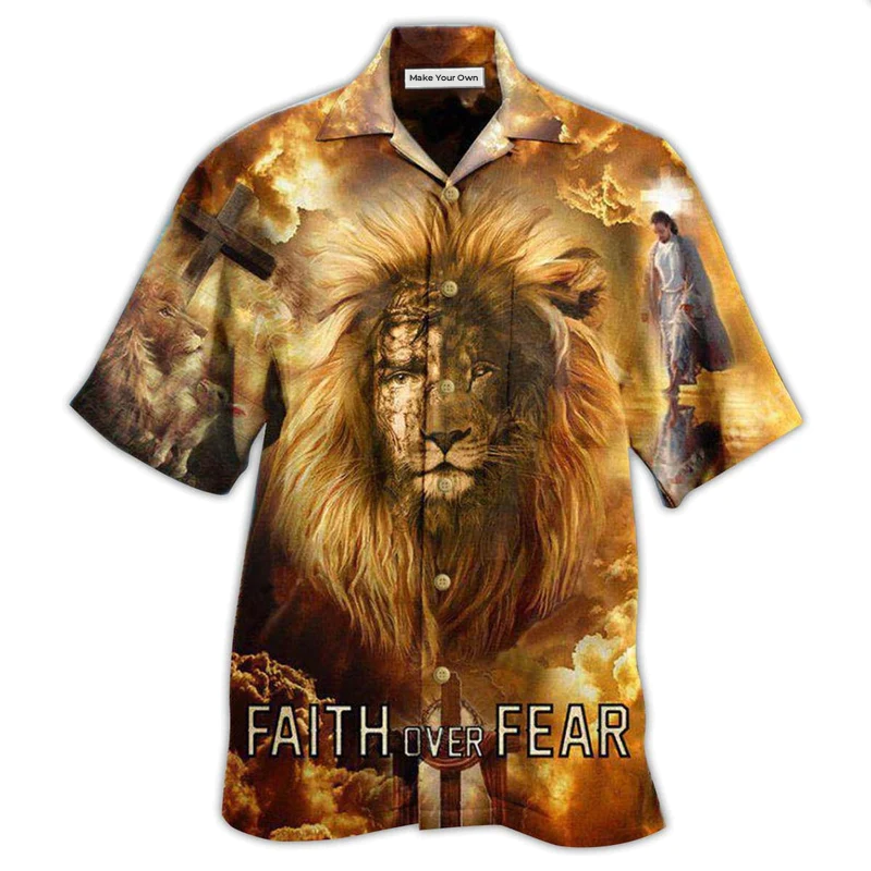 Lion Faith Fear Psalms Hawaiian Shirt Artwork View For Coastal Escapes And Resort Style