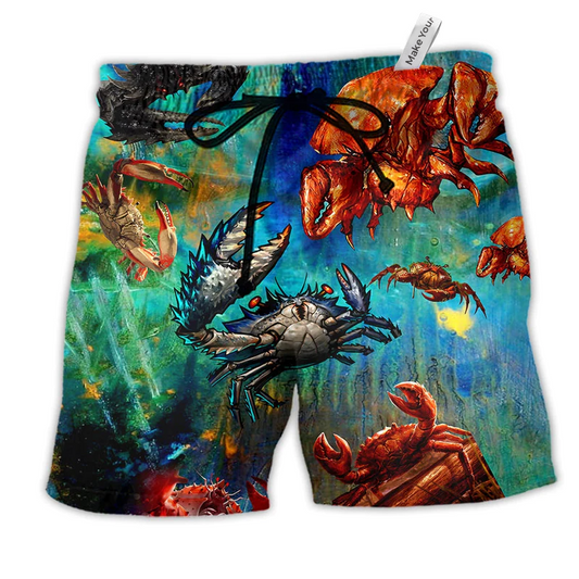 Crab Let's Get Cracking Hawaiian Print Beach Shorts For Beach Days And Coastal Travel