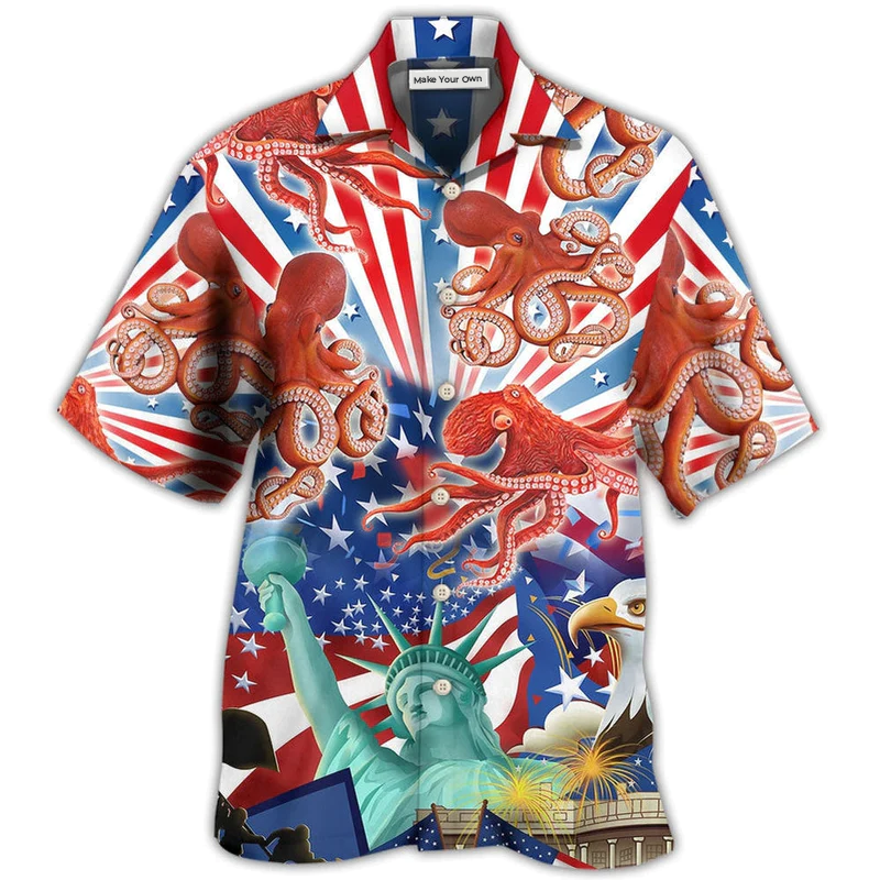 Octopus USA Independence Day Hawaiian Shirt Artwork View For Coastal Escapes And Resort Style