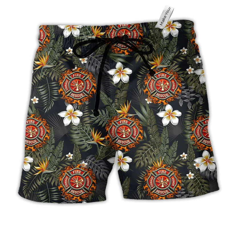 Firefighter Lover Flower Hawaiian Print Beach Shorts For Hobby Fans And Beach Days