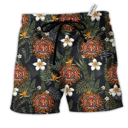 Firefighter Lover Flower Hawaiian Print Beach Shorts For Hobby Fans And Beach Days