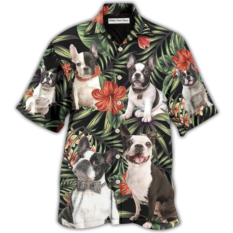Tropical Floral French Bulldog Hawaiian Shirt For Vacation Days And Relaxed Coastal Outings