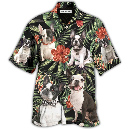 Tropical Floral French Bulldog Hawaiian Shirt For Vacation Days And Relaxed Coastal Outings
