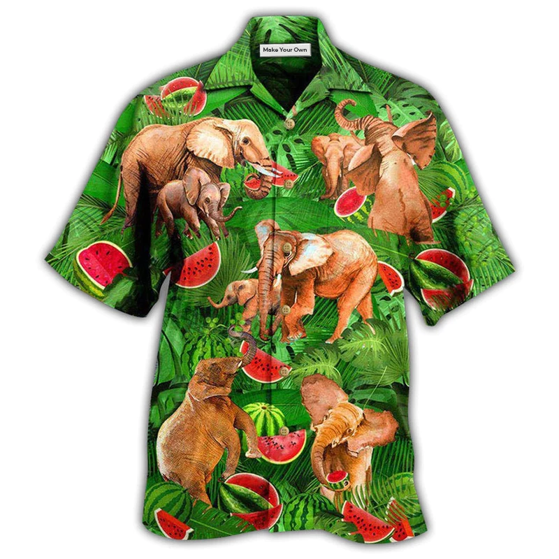 Green Elephant And Watermelon Hawaiian Shirt For Island Trips Summer Gatherings And Comfortable Daily Wear