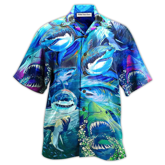 Blue Shark Ocean Hawaiian Shirt For Vacation Days And Relaxed Coastal Outings