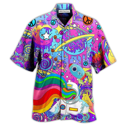 Bohemian Colorful Planet Peace Hawaiian Shirt Artwork Detail For Tropical Trips And Casual Outings