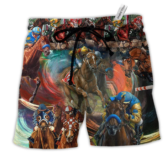 Horse Racing So Colorful Hawaiian Print Beach Shorts For Road Trips And Summer Travel
