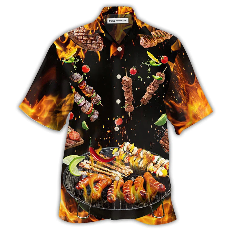 BBQ Hot Fire Hawaiian Shirt Pattern View For Relaxed Warm Weather Outfits