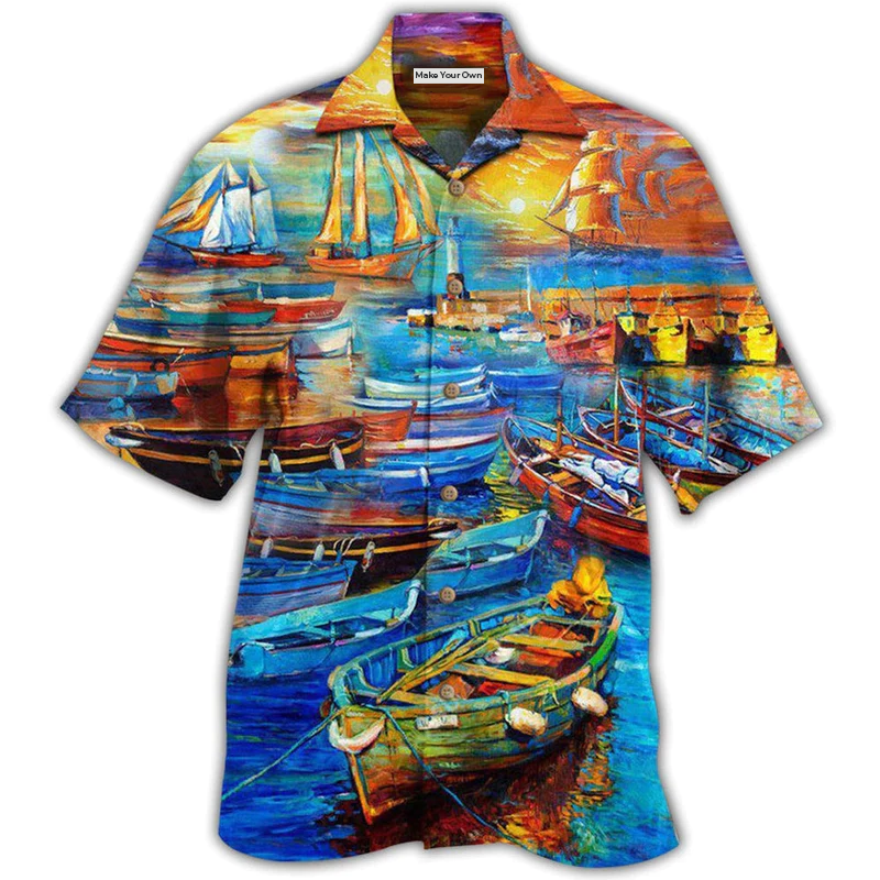 Boat Bygone Days Harbor Eventful Hawaiian Shirt Pattern View For Lightweight Everyday Style