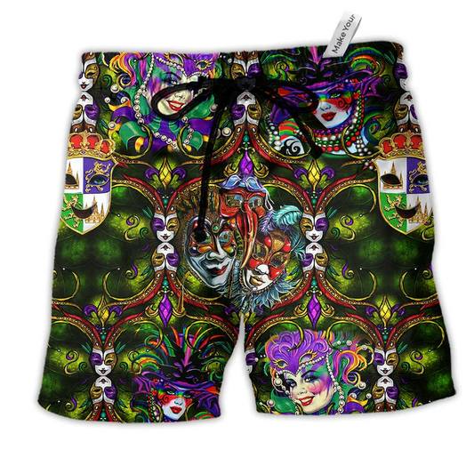 Festival Happy Mardi Gras Hawaiian Print Beach Shorts For Sunny Getaways And Casual Coastal Wear