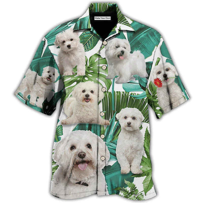 Tropical Dog Bichon Frise Leaf Hawaiian Shirt For Summer Vacation And Beach Travel