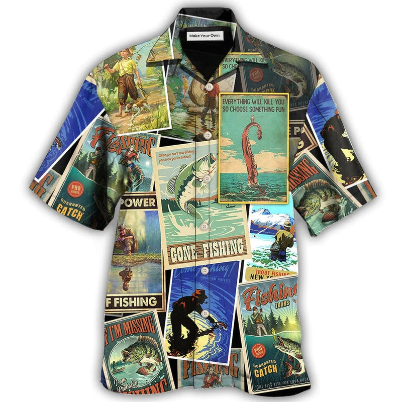 Retro Fishing Hawaiian Shirt Design View For Casual Summer Styling