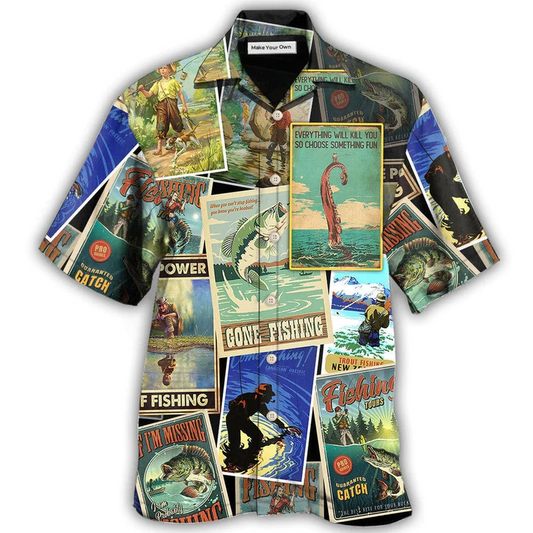 Retro Fishing Hawaiian Shirt Design View For Casual Summer Styling