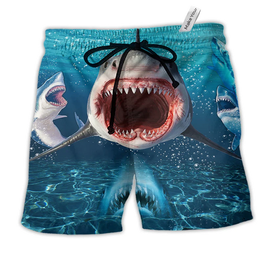 Shark Show Your Teeth Large Mouth Hawaiian Print Beach Shorts For Beach Days And Coastal Travel
