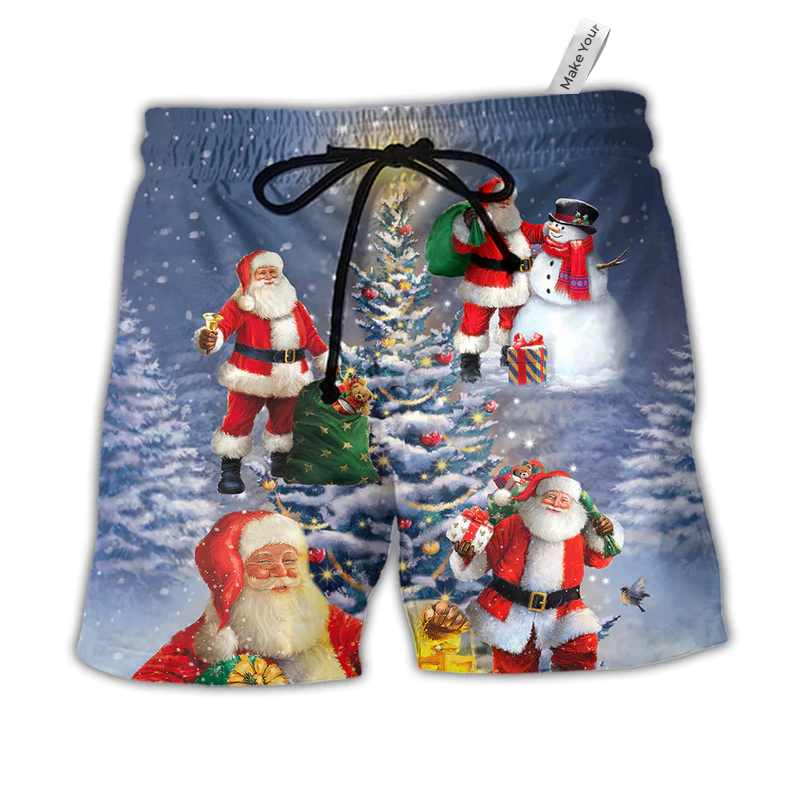 Christmas Light Santa Tree Beach Shorts For Oceanfront Escapes And Bright Seasonal Outfits