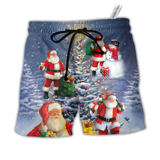 Christmas Light Santa Tree Beach Shorts For Oceanfront Escapes And Bright Seasonal Outfits