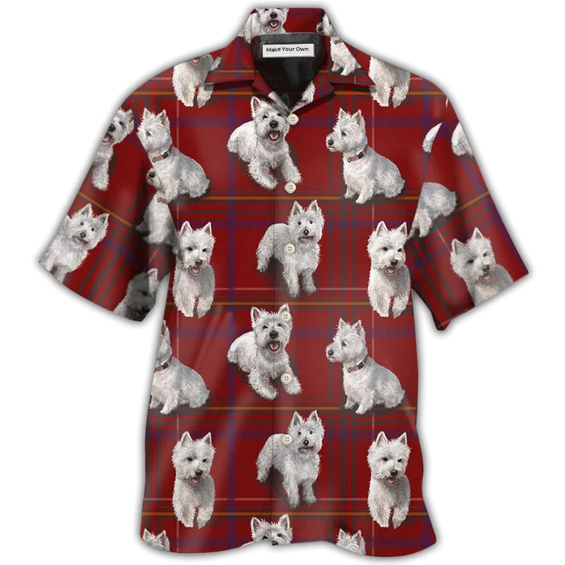 Red Dog West Highland Terrier Background Hawaiian Shirt Pattern Detail For Vacation Travel And Daily Wear
