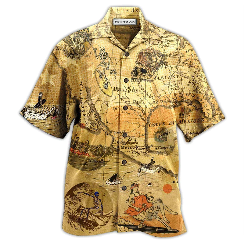 Vintage Surfing And Skull Hawaiian Shirt For Summer Vacation Beach Travel And Casual Wear