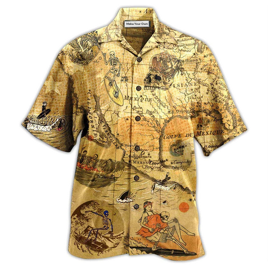 Vintage Surfing And Skull Hawaiian Shirt For Summer Vacation Beach Travel And Casual Wear