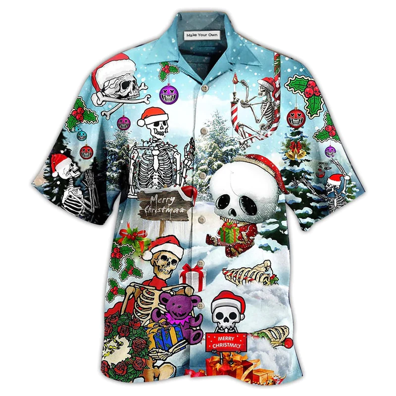 Christmas Winter Skull Hawaiian Shirt For Resort Travel Summer Outings And Casual Gatherings