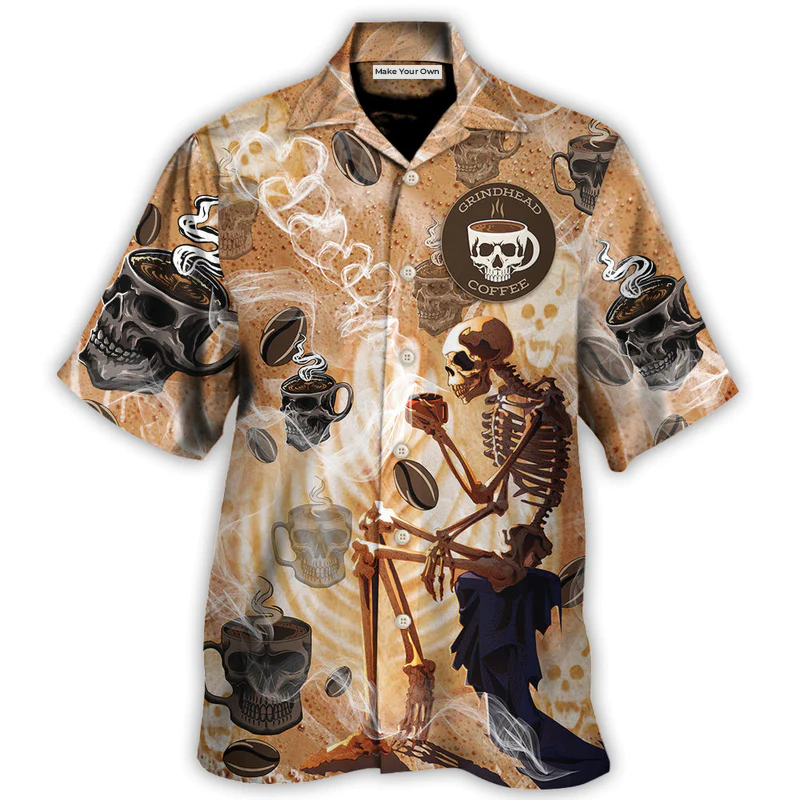Skull Coffee Hawaiian Shirt Print Closeup For Coastal Travel
