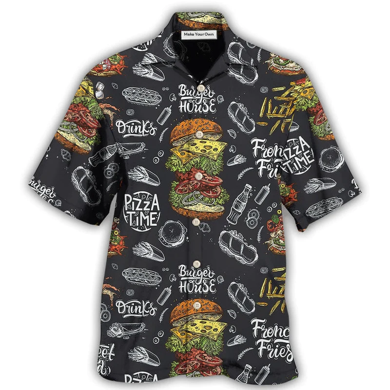Food Burger House Pizza Hawaiian Shirt Pattern Detail For Summer Holidays And Outdoor Fun