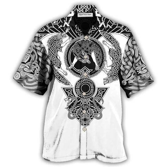 Black White Norse Warrior Blood Hawaiian Shirt Artwork Detail For Resort Trips And Outdoor Activities
