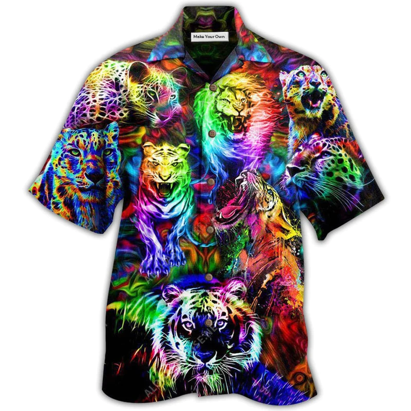 Forest Colorful Lion Tiger And Leopard Hawaiian Shirt For Island Trips Summer Gatherings And Comfortable Daily Wear