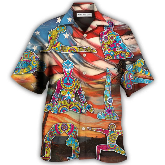 Yoga Independence Day Pose Hawaiian Shirt Pattern View For Relaxed Warm Weather Outfits