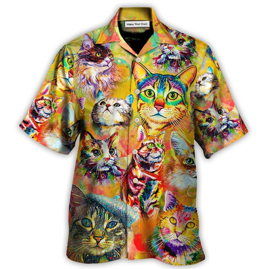Funny Colorful Watercolor Cat Hawaiian Shirt For Beach Parties And Weekend Getaways