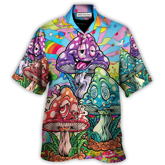 Bohemian Colorful Happy Mushroom Hawaiian Shirt Design View For Casual Summer Styling