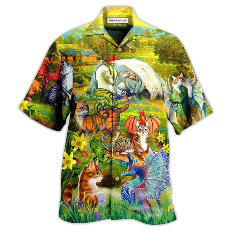 Dragon Cats Beautiful Nature Hawaiian Shirt Pattern View For Relaxed Warm Weather Outfits