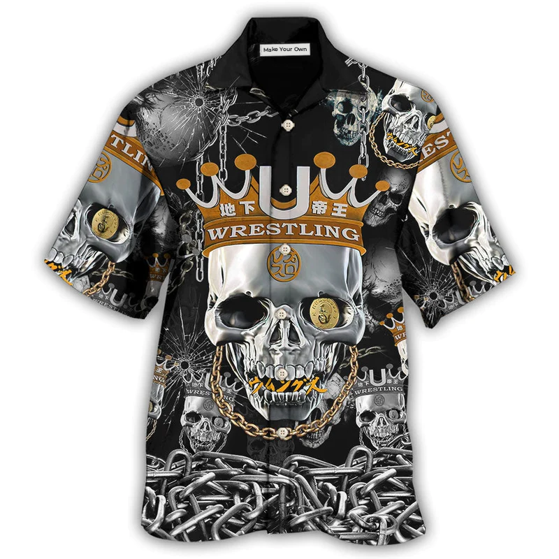 Skull Wrestling Chain Hawaiian Shirt Design Detail For Beach Days And Holiday Travel