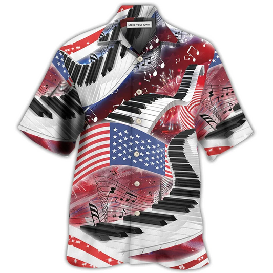 Piano Music USA Flag Independence Day Hawaiian Shirt Artwork Detail For Tropical Trips And Casual Outings
