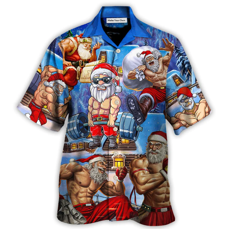 Christmas Santa Fitness Gym Hawaiian Shirt Detailed Pattern View For Vacation Style