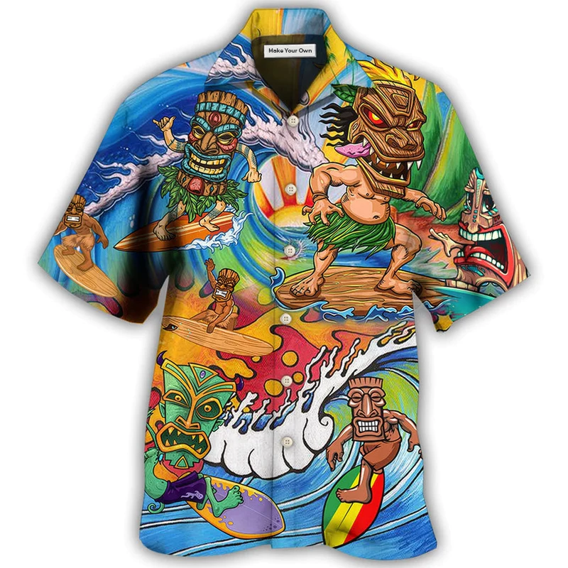 Watercolor Tiki Surfing Pretty Hawaiian Shirt For Tropical Beach Days, Vacation Travel, And Casual Outdoor Style