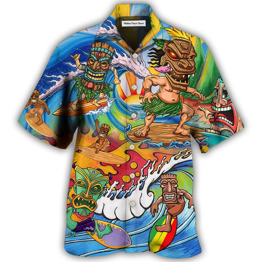 Watercolor Tiki Surfing Pretty Hawaiian Shirt For Tropical Beach Days, Vacation Travel, And Casual Outdoor Style
