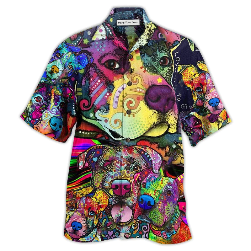 Colorful Watercolor Pitbull Parents Hawaiian Shirt Pattern Detail For Vacation Travel And Daily Wear