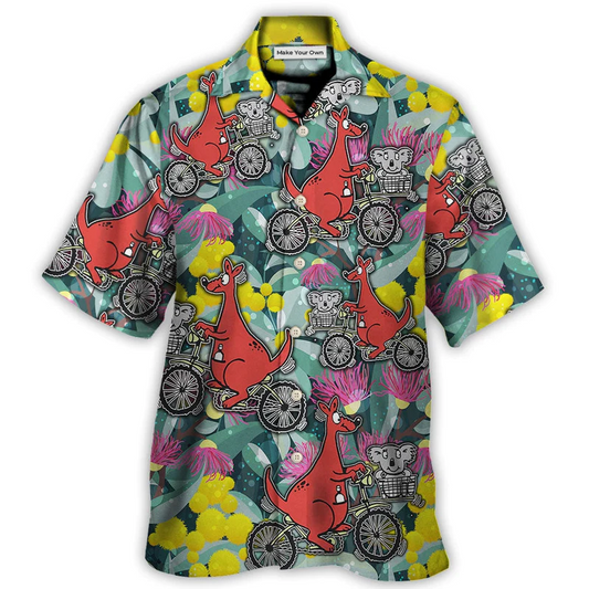 Kangaroo Koala Cycling Hawaiian Shirt Collar And Front View For Summer Travel