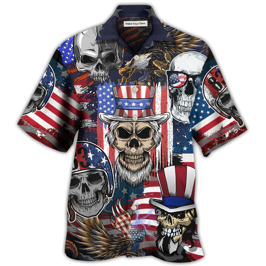 Skull Independence Day US Flag Hawaiian Shirt For Summer Vacation And Beach Travel
