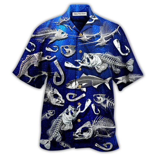 Blue Fishing Fishbone Hawaiian Shirt Artwork Detail For Tropical Trips And Casual Outings