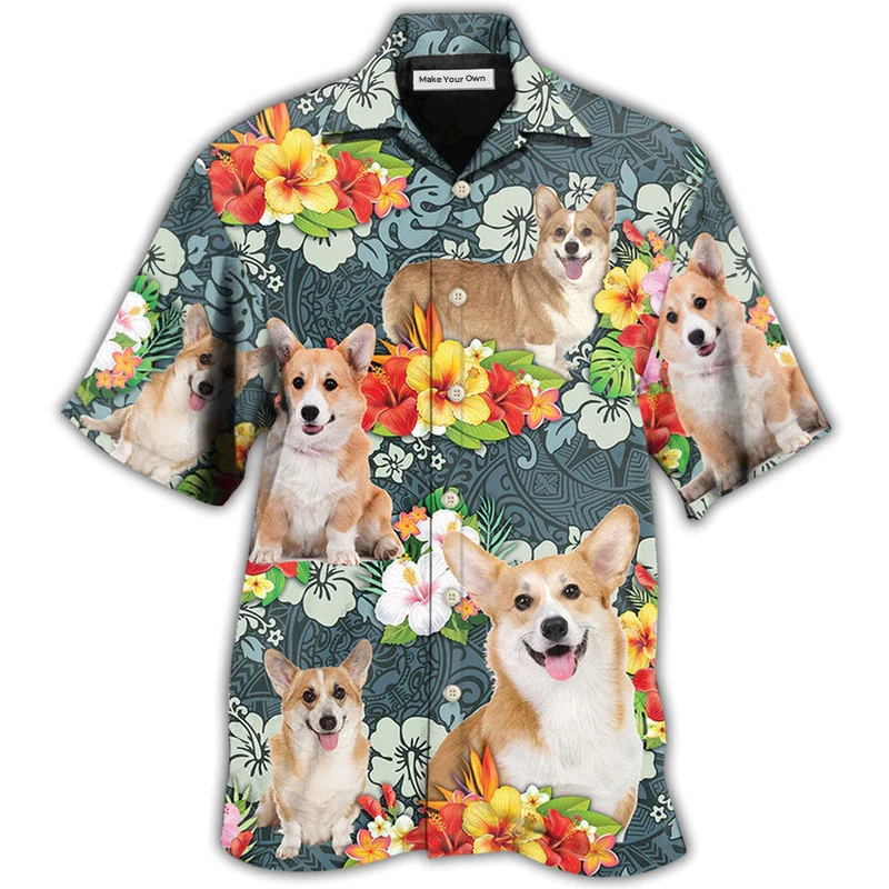 Tropical Floral Corgi Hawaiian Shirt Design Detail For Sunny Adventures And Casual Wear