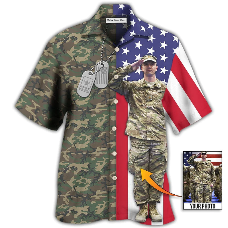 Tropical US Army Flag Custom Photo Hawaiian Shirt Pattern Detail For Summer Holidays And Outdoor Fun
