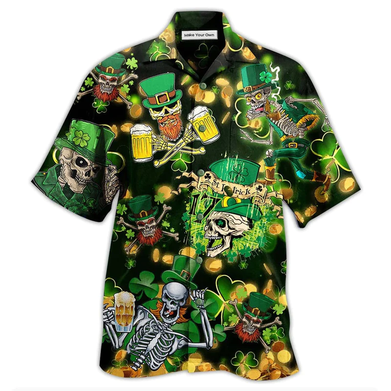Green Skull Irish Beer Hawaiian Shirt Pattern View For Lightweight Everyday Style