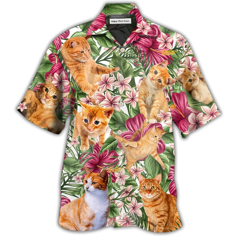 Tropical Floral Orange Cat Hawaiian Shirt Pattern View For Lightweight Everyday Style